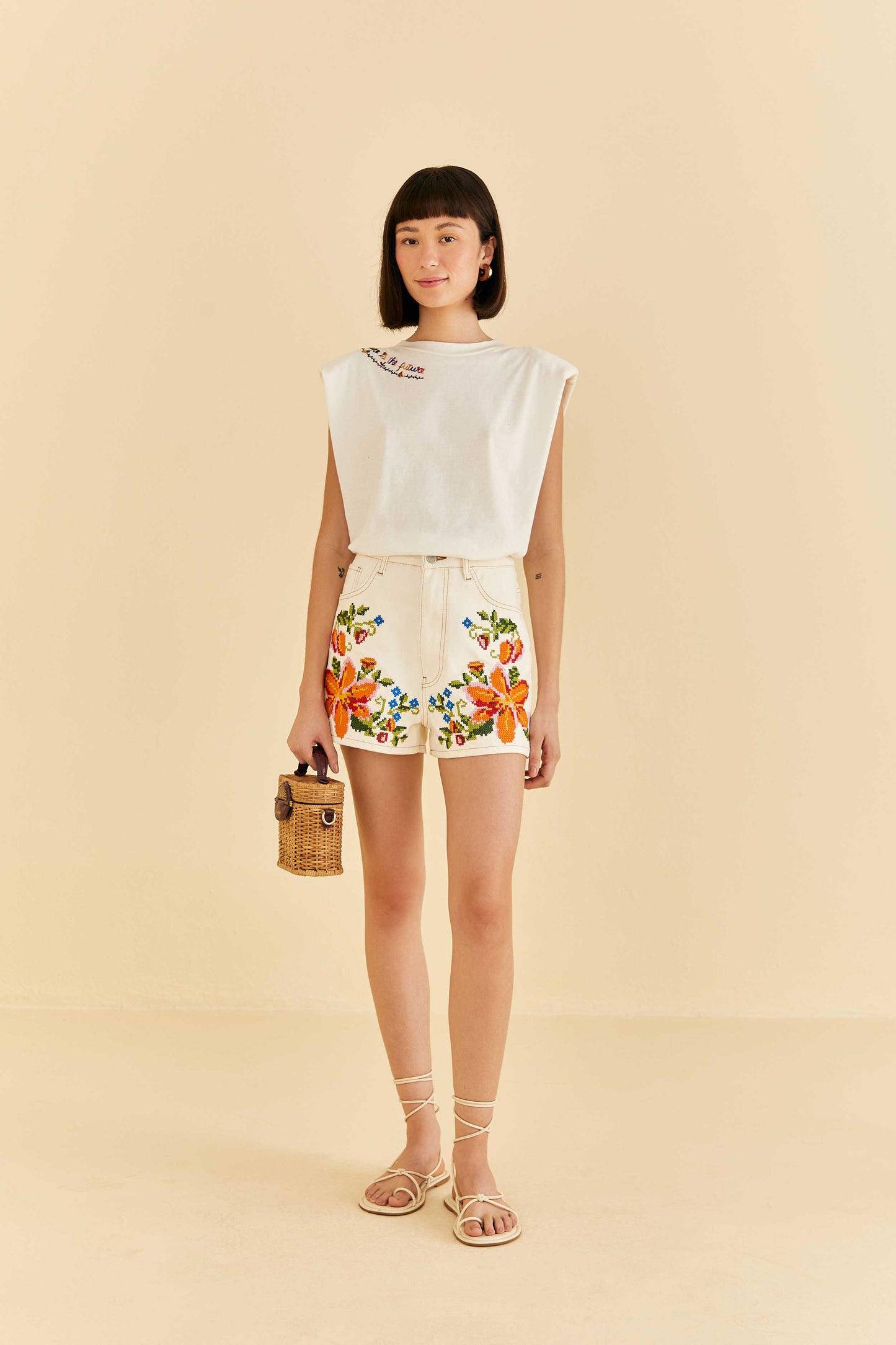 Embroidered Floral Twill Shorts