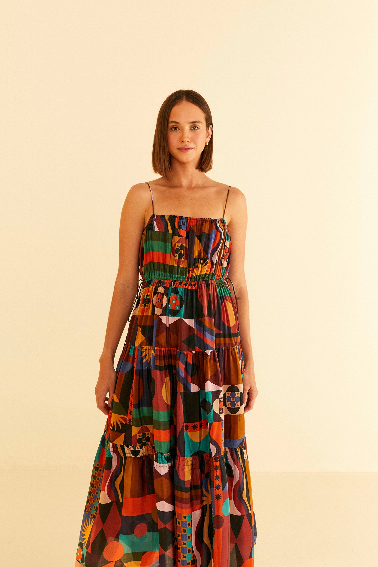 Multicolor Tropical Shapes Sleeveless Midi Dress