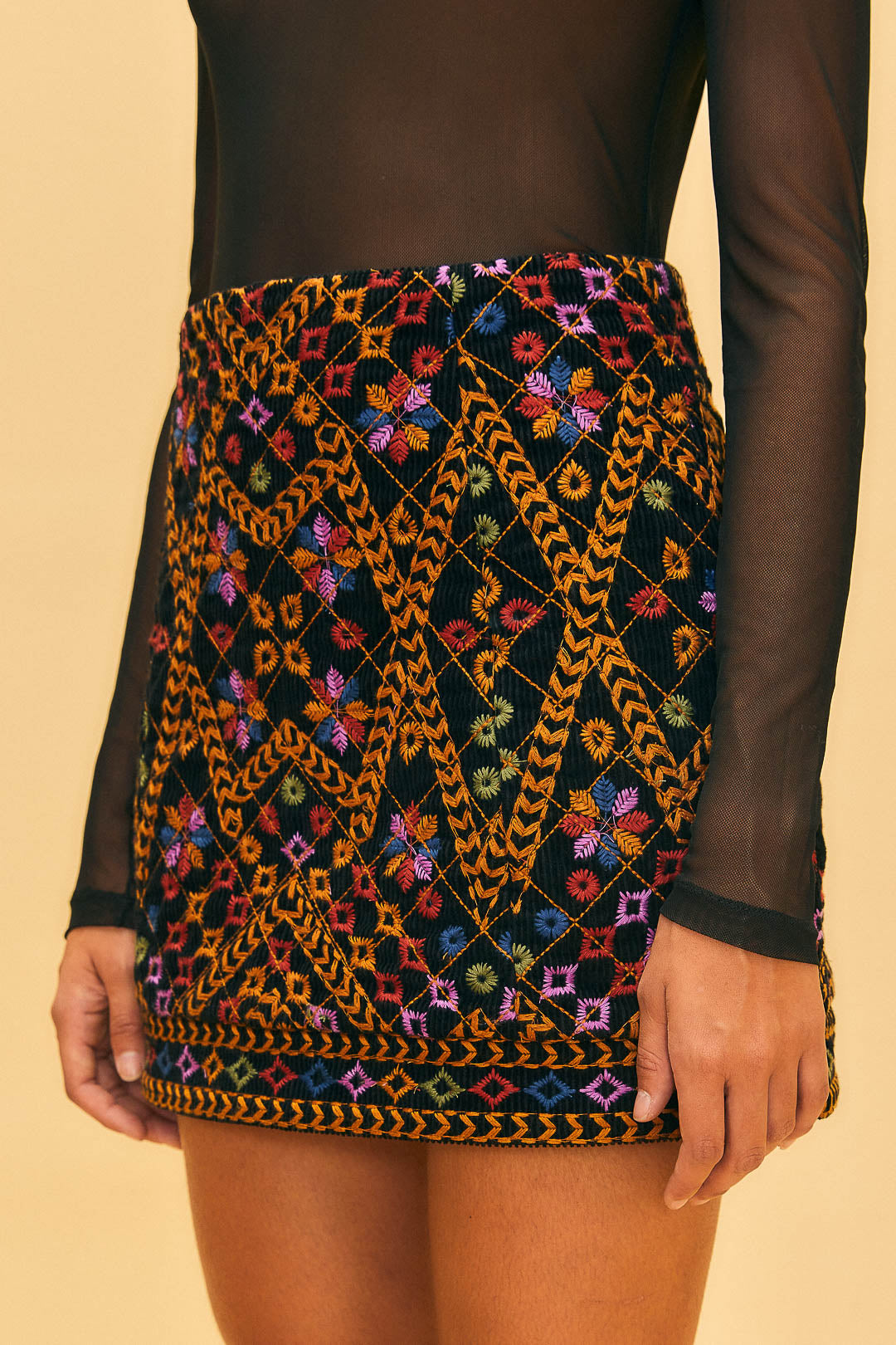 Embroidered Corduroy Mini Skirt