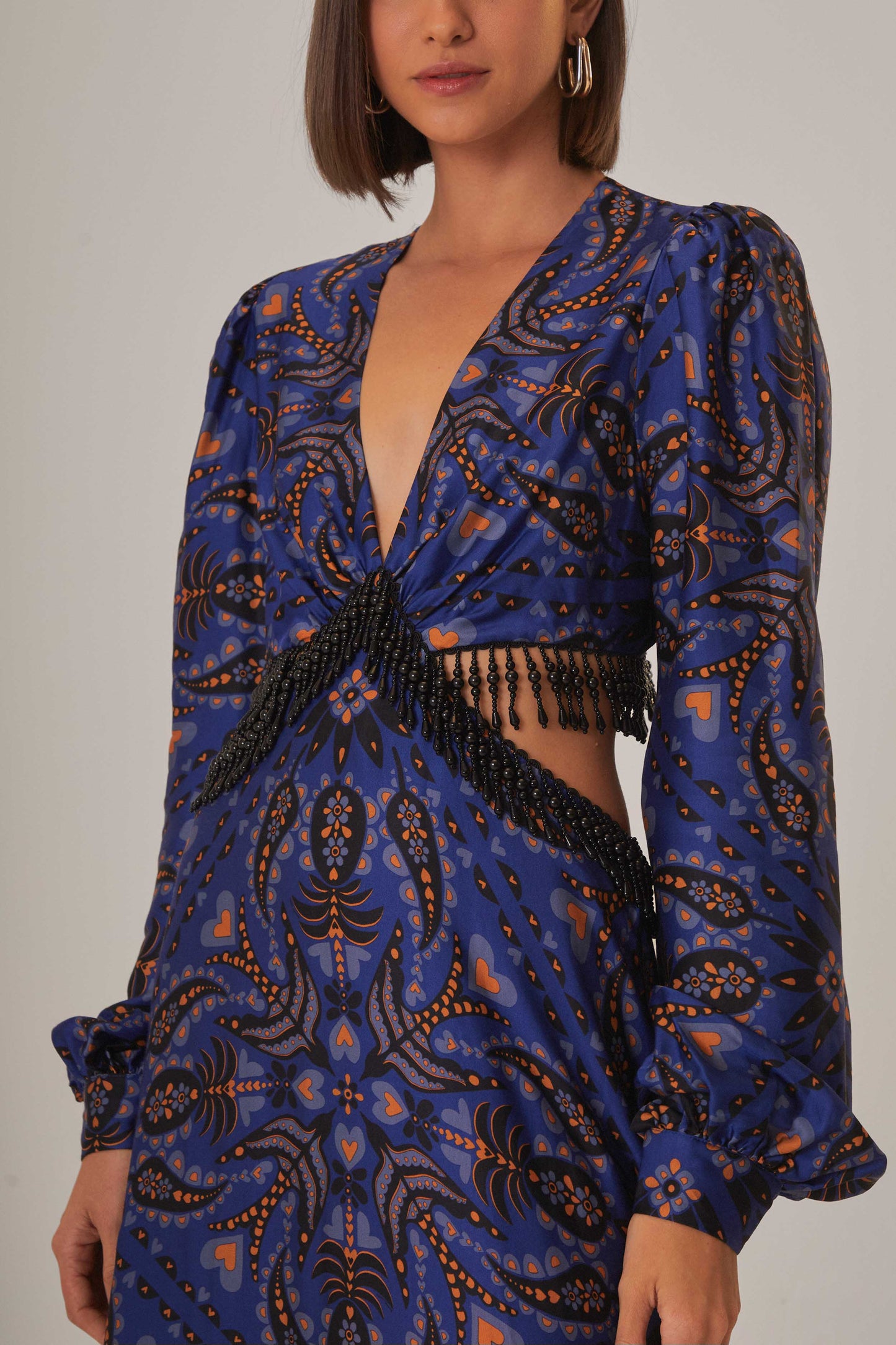 Blue Martina Scarf Cut Out Fringe Maxi Dress