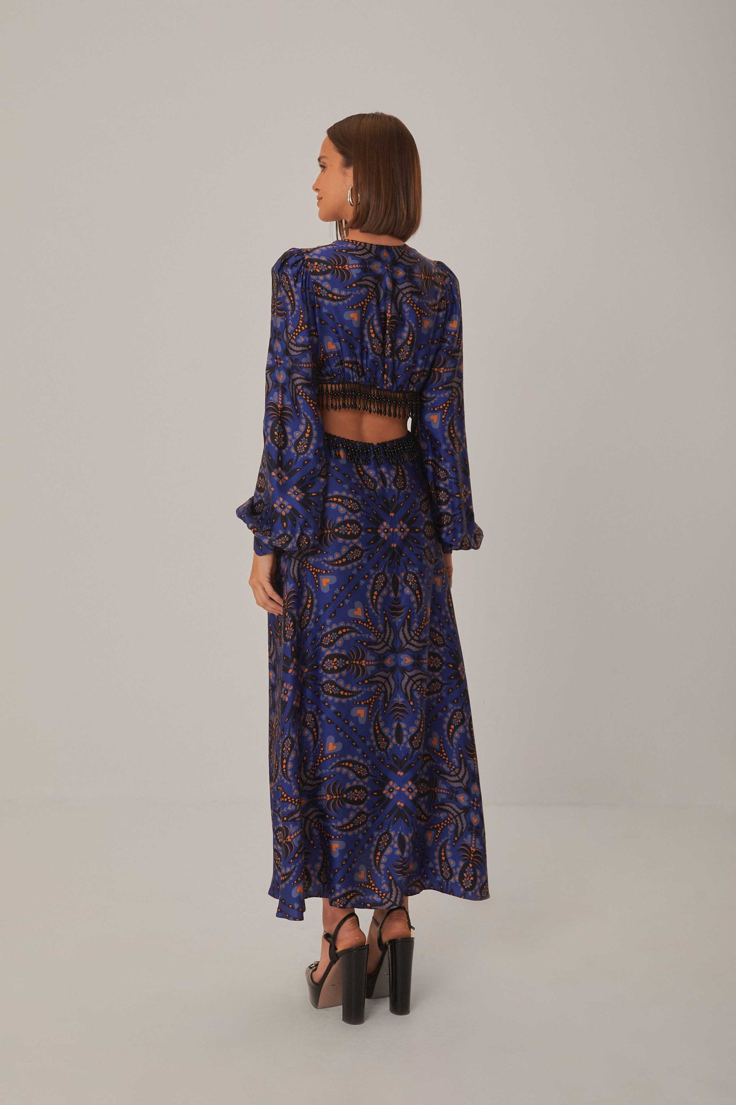 Blue Martina Scarf Cut Out Fringe Maxi Dress