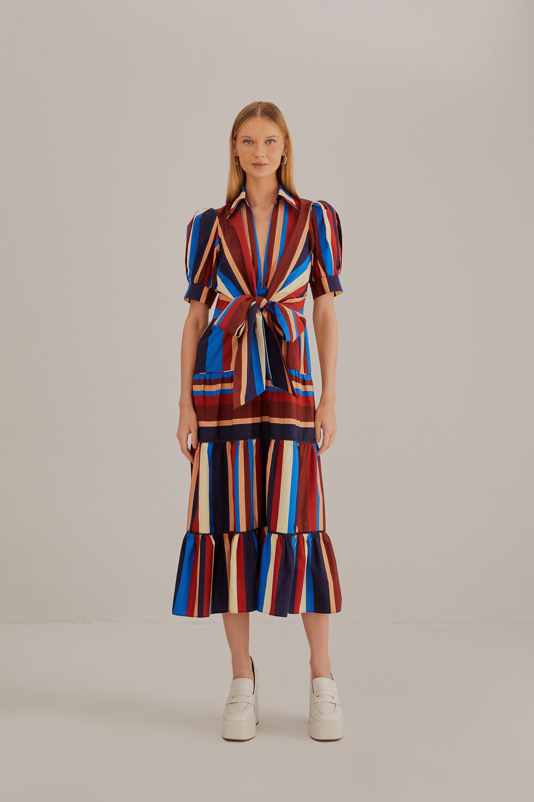 Multicolor Winter Stripes Short Sleeve Midi Dress