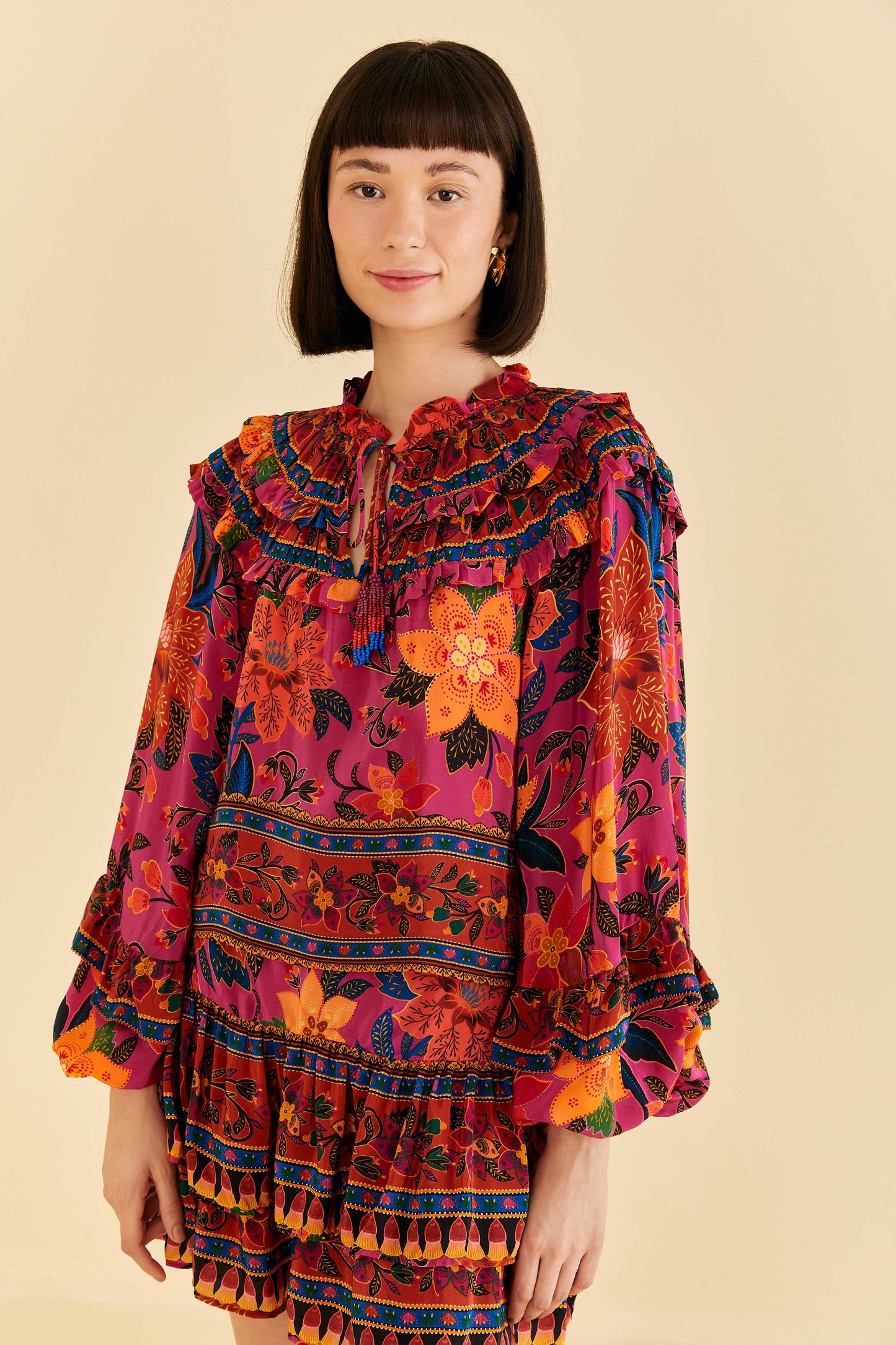 Pink Tropical Tapestry Long Sleeve Blouse