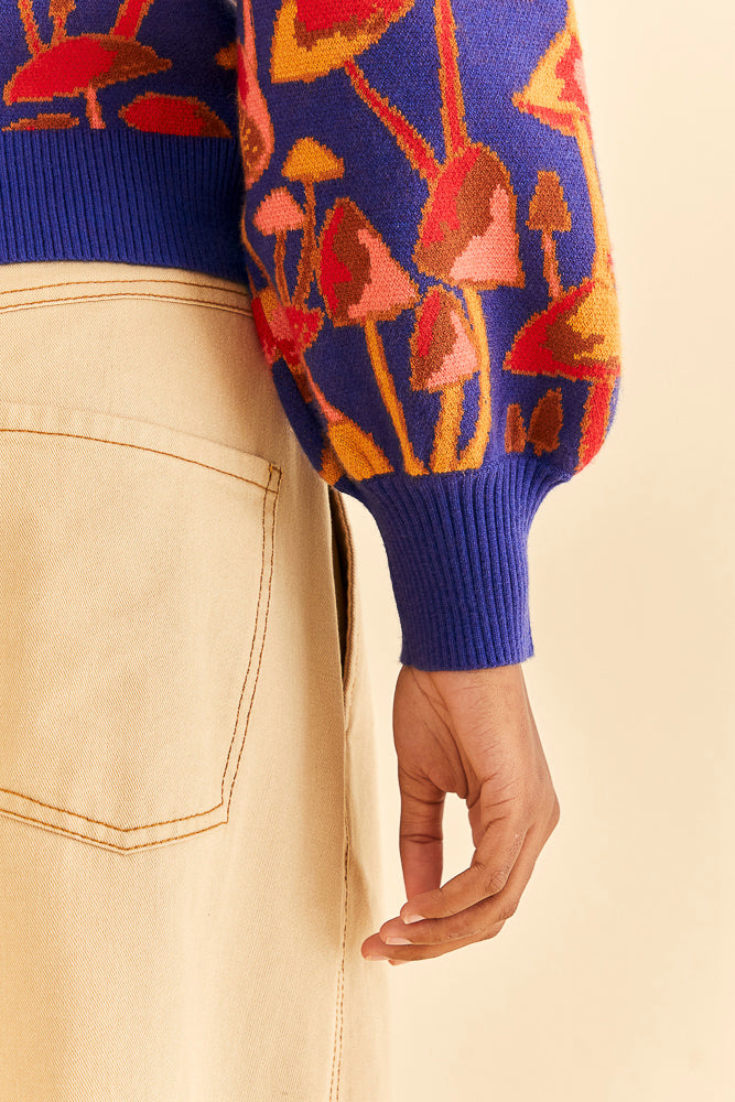 Bright Blue Mushroom Sketch Knit Sweater