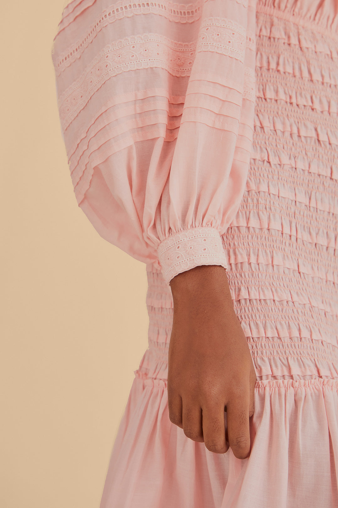 Light Pink Long Sleeve Smocked Midi Dress