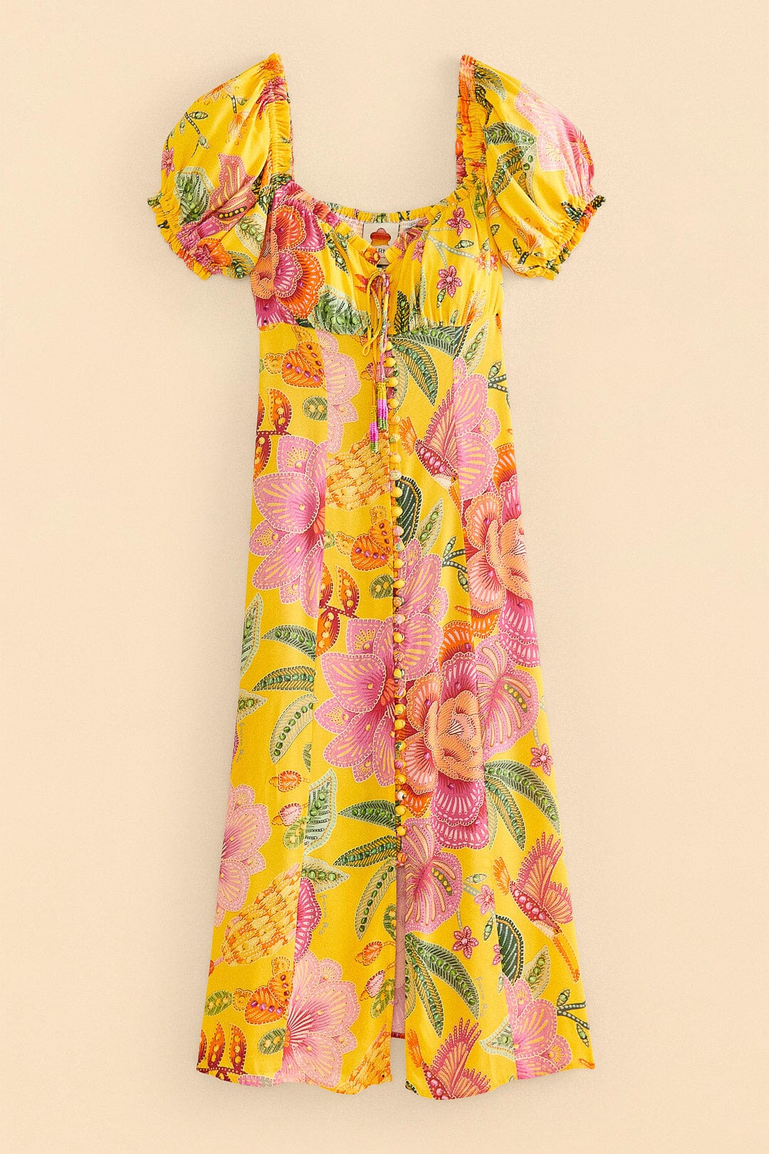 Yellow Macaw Bloom Puff-Sleeve Midi Dress