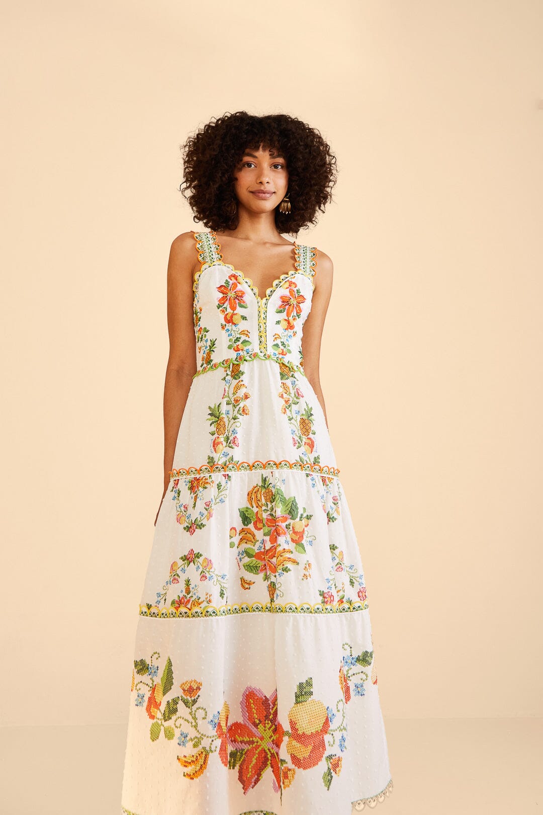 Off-White Mixed Tropical Romance Midi Dress