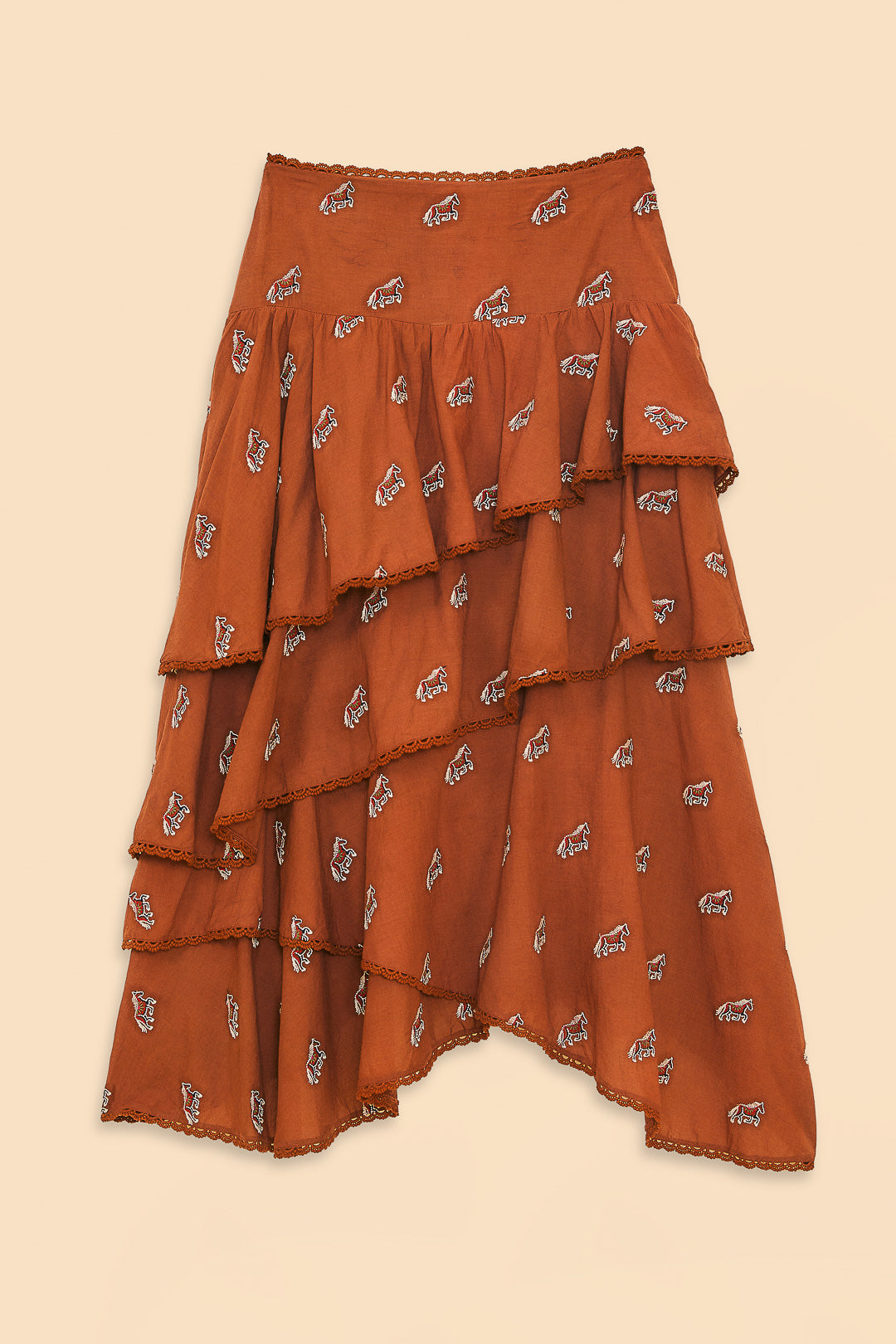Caramel Embroidered Horses Layered Maxi Skirt