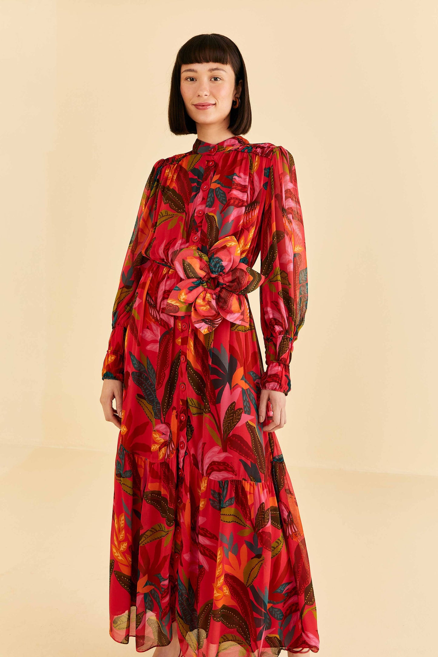 Red Rooster Leaves Long Sleeve Maxi Dress