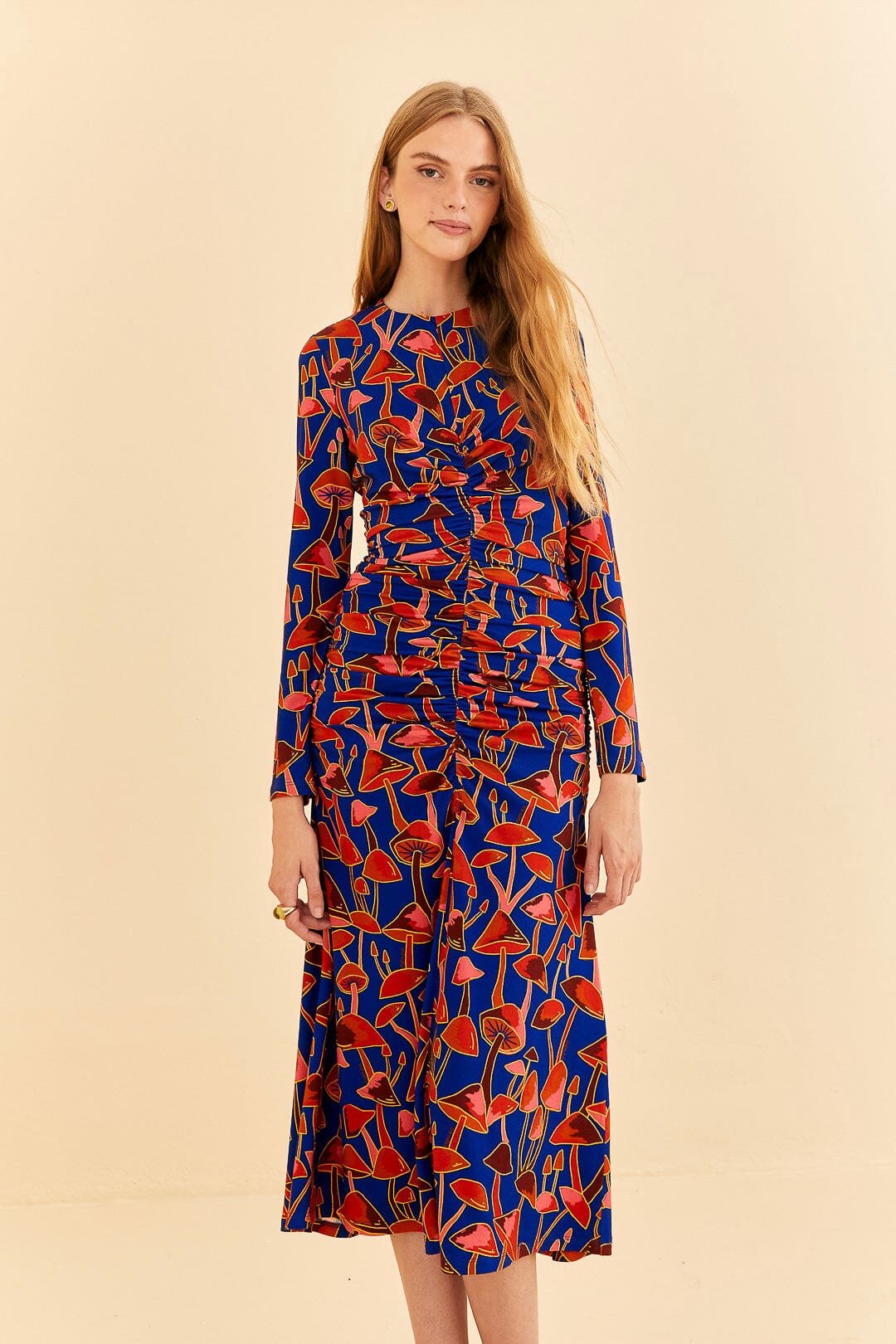 Bright Blue Mushroom Sketch Lenzing™ Ecovero™ Viscose Midi Dress