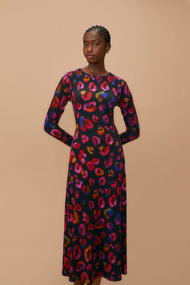 Black Iridescent Leopards Lenzing™ Ecovero™ Viscose Midi Dress