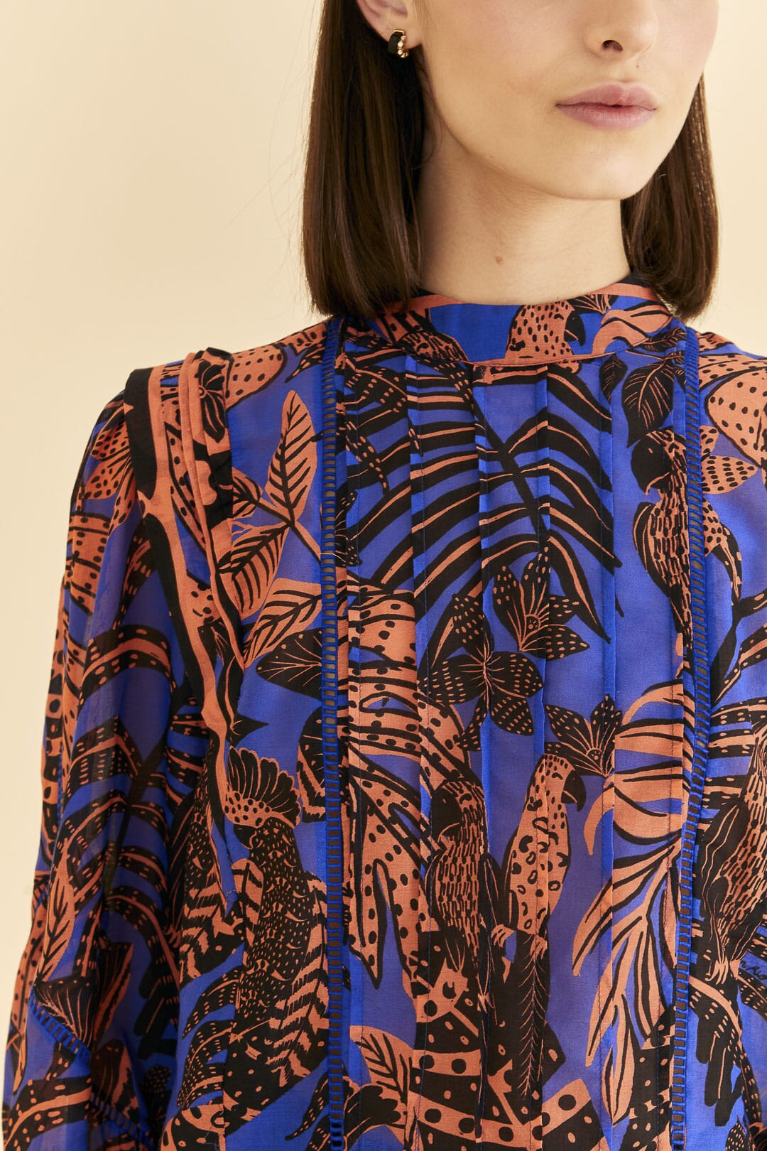 Blue Tropical Gold Pleated Long Sleeve Blouse
