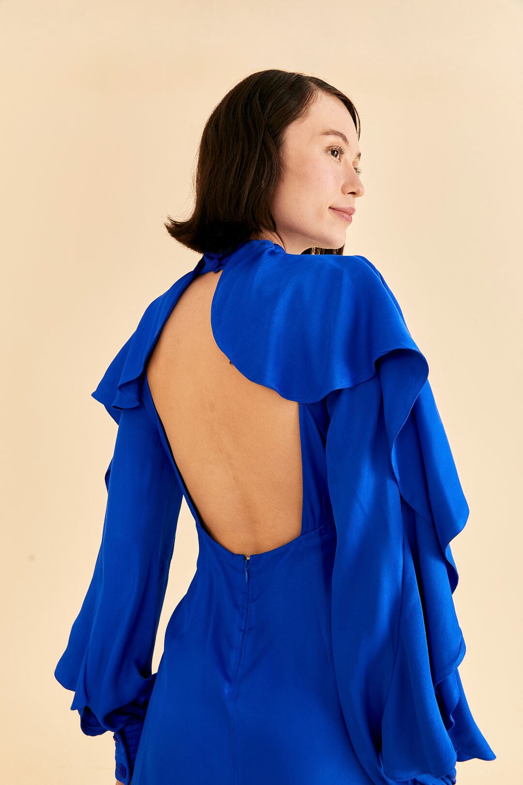 Bright Blue Backless Ruffle Sleeve Mini Dress