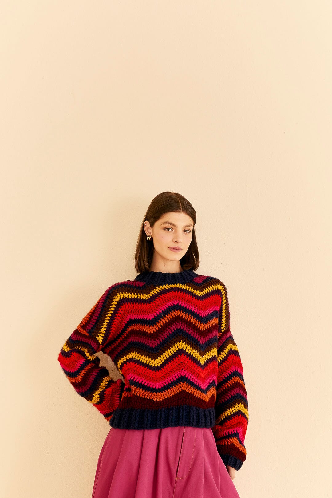 Colorful Waves Crochet High Neck Sweater