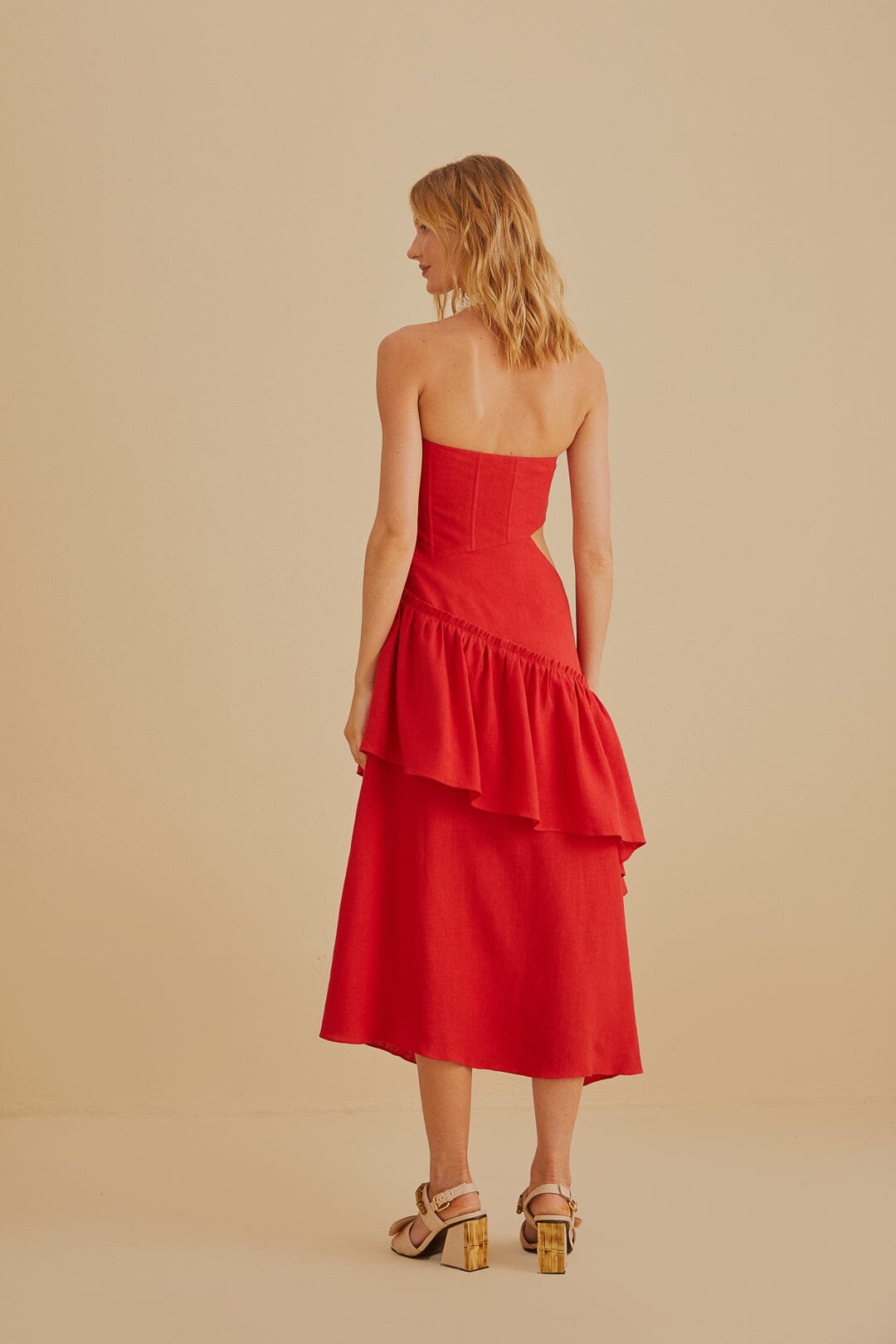Red Cut Out Strapless Midi Dress