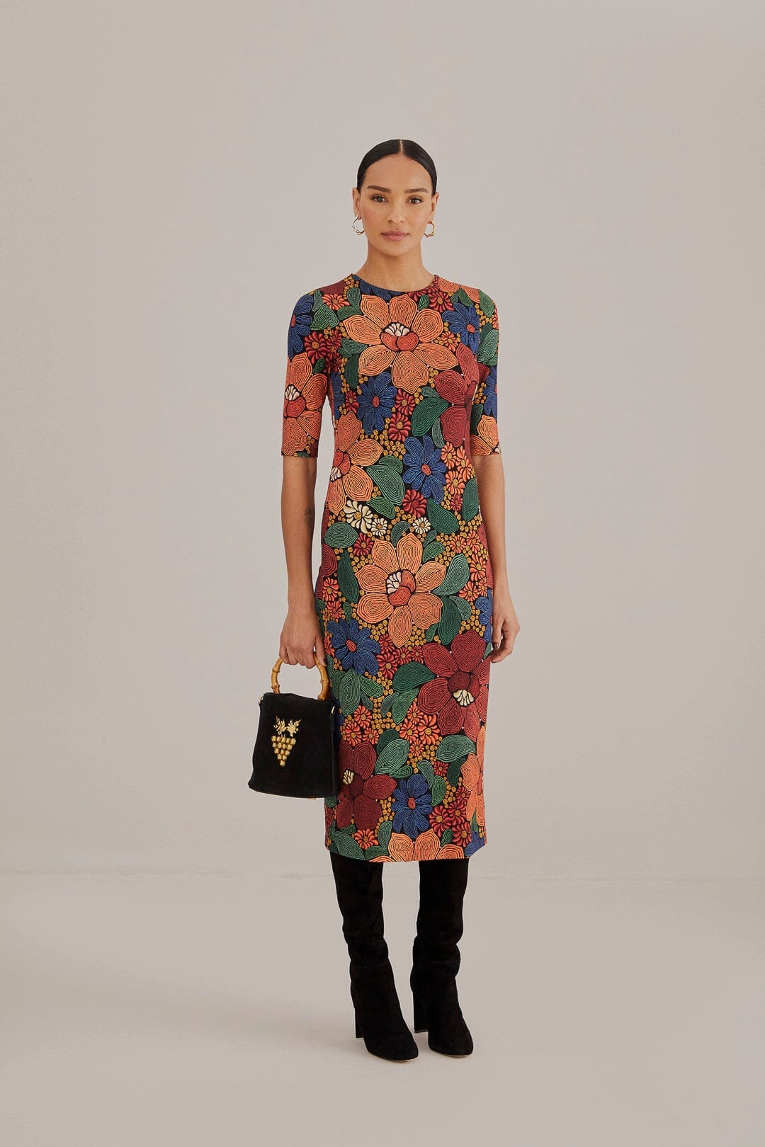 Black Stitched Flowers Lenzing™ Ecovero™ Viscose Midi Dress – FARM Rio