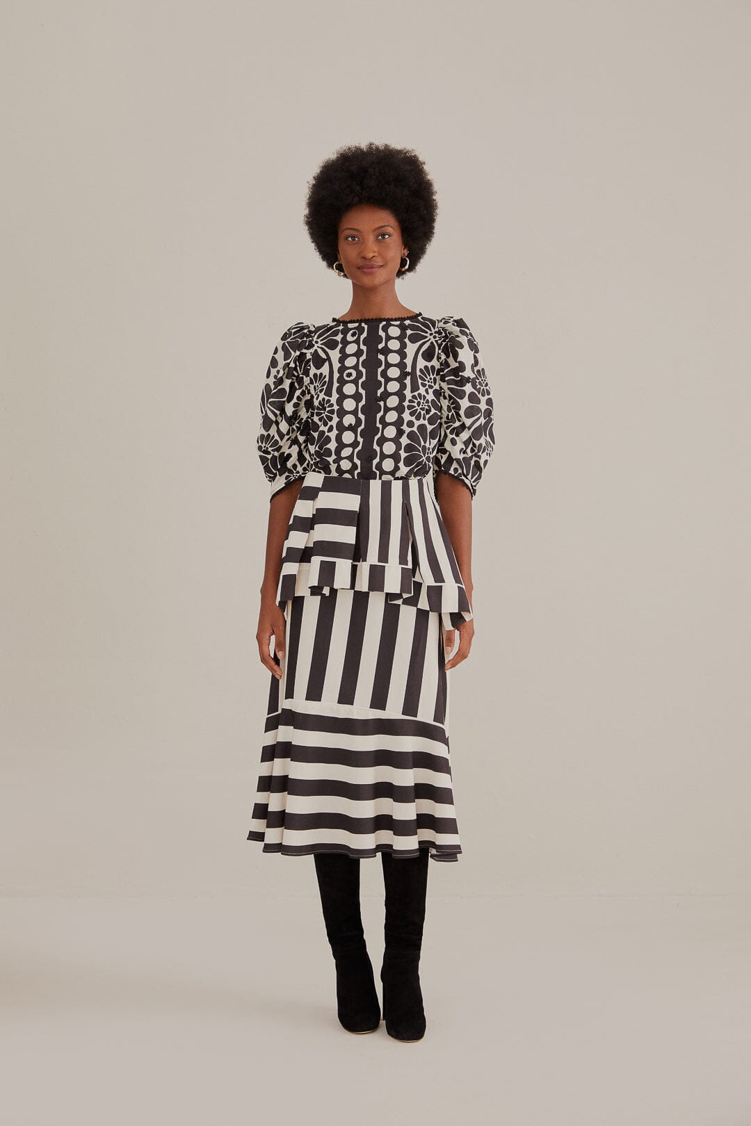 Black Mixed Stripes Midi Skirt