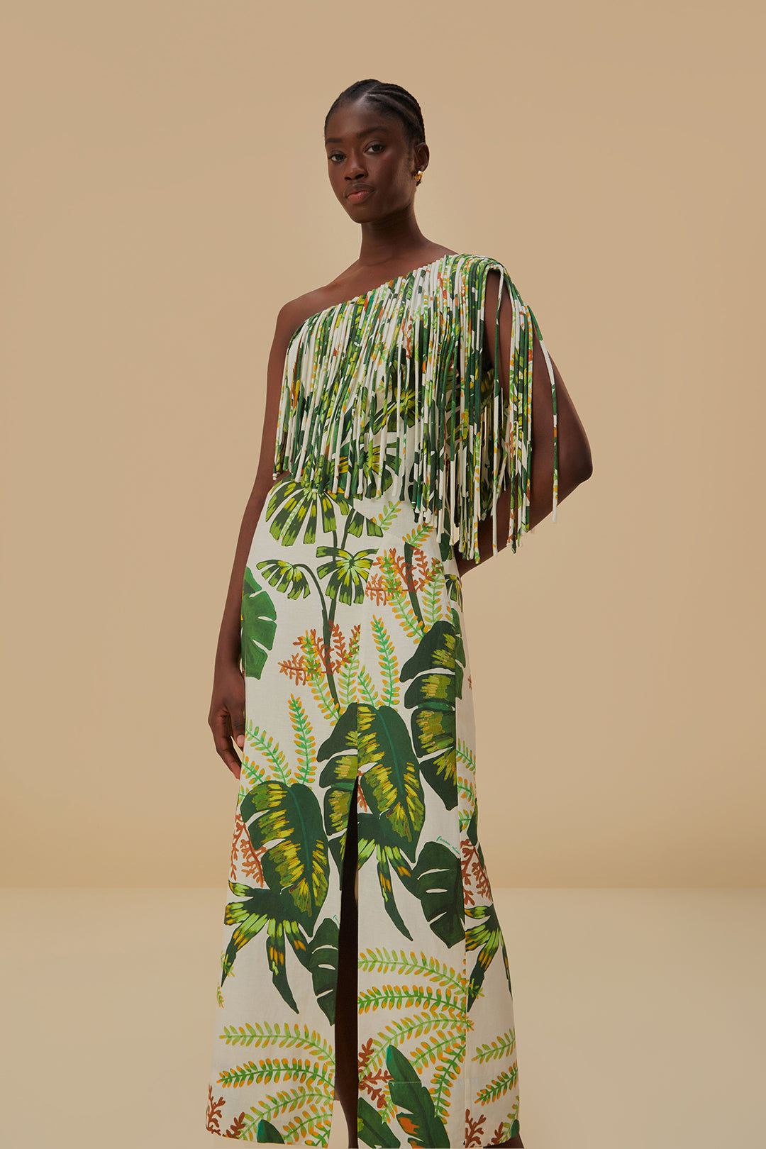 Tropical Forest Off-White Fringed Midi Dress