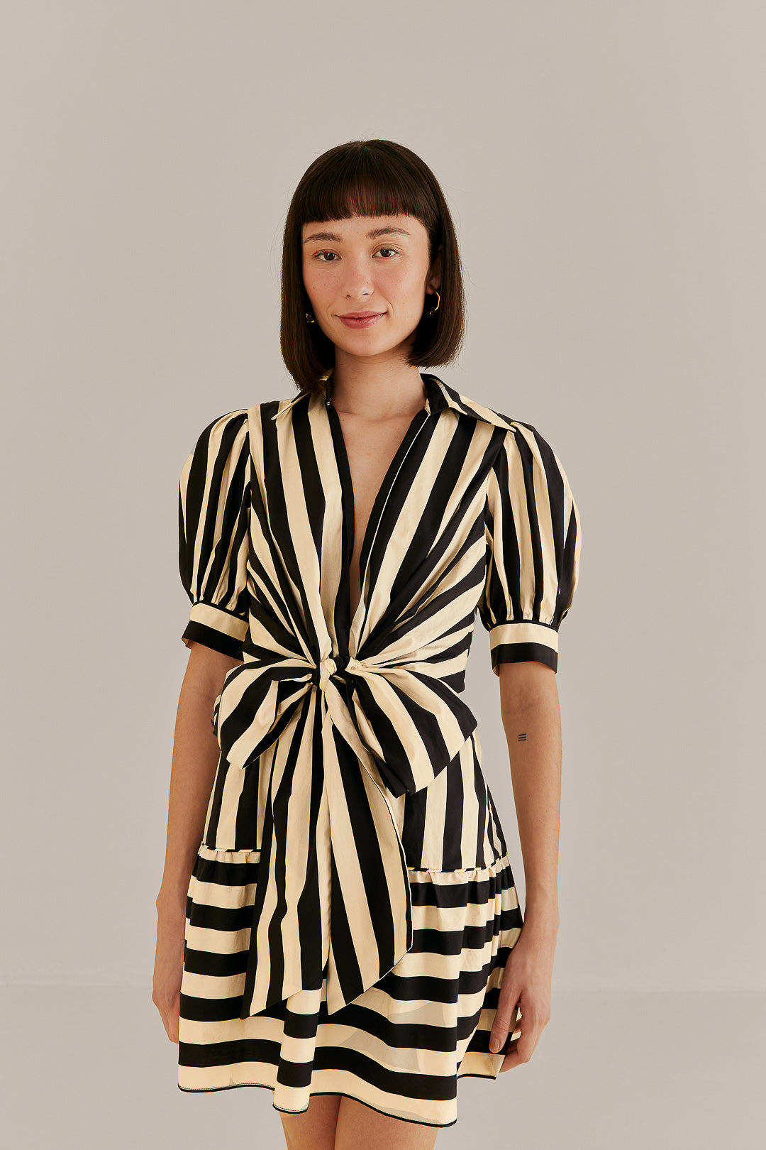 Black Mixed Stripes Short Sleeve Mini Dress
