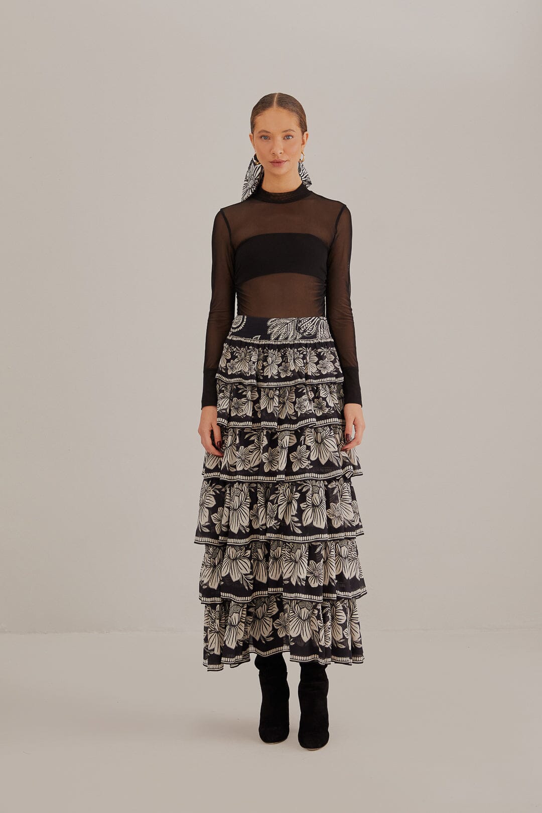 Black Paisley Bloom Tiered Skirt