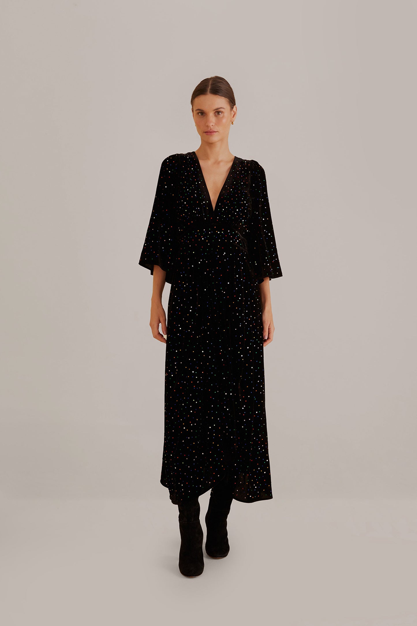 Black Velvet  Short Sleeve Midi Dress