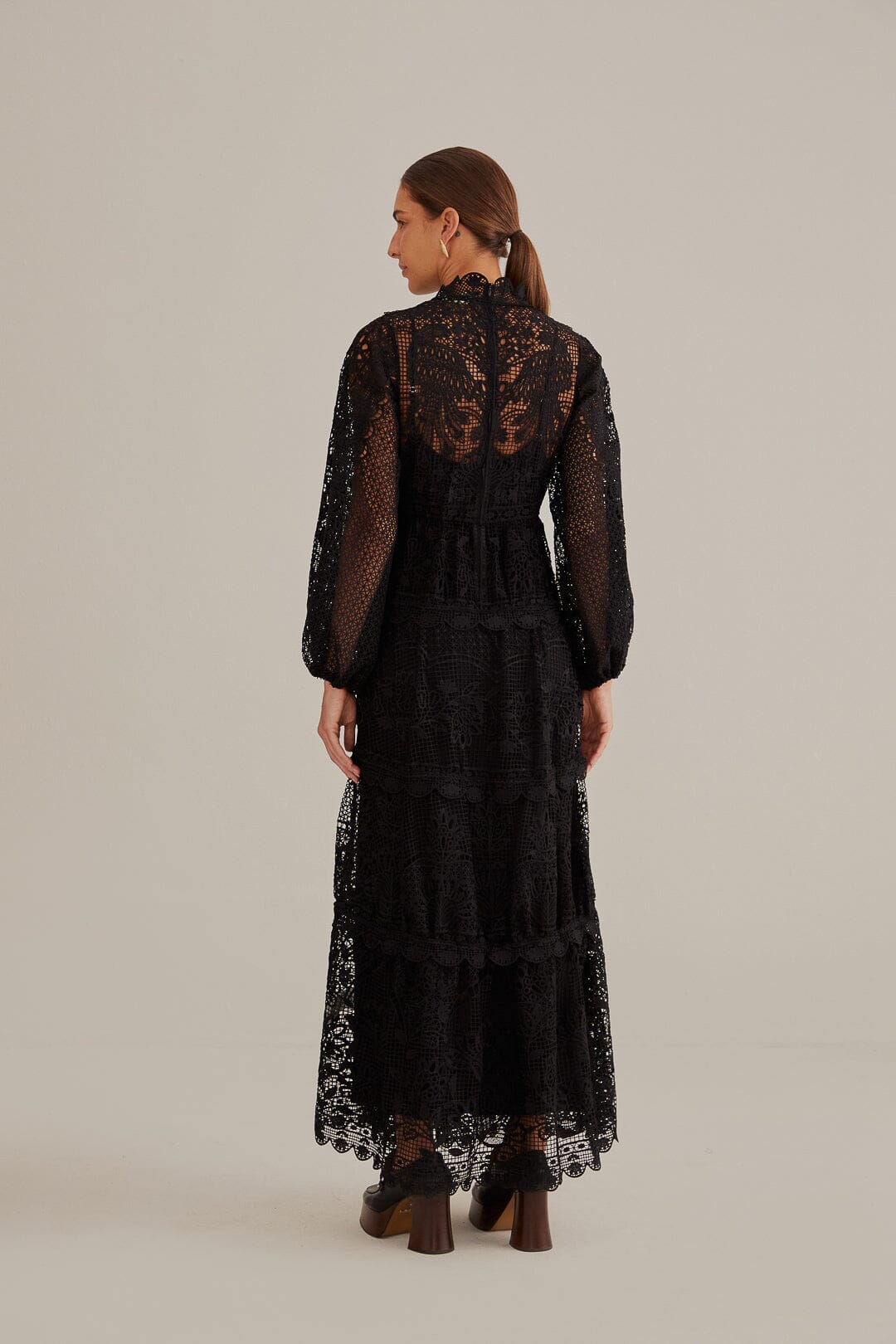 Black Guipure Long Sleeve Maxi Dress
