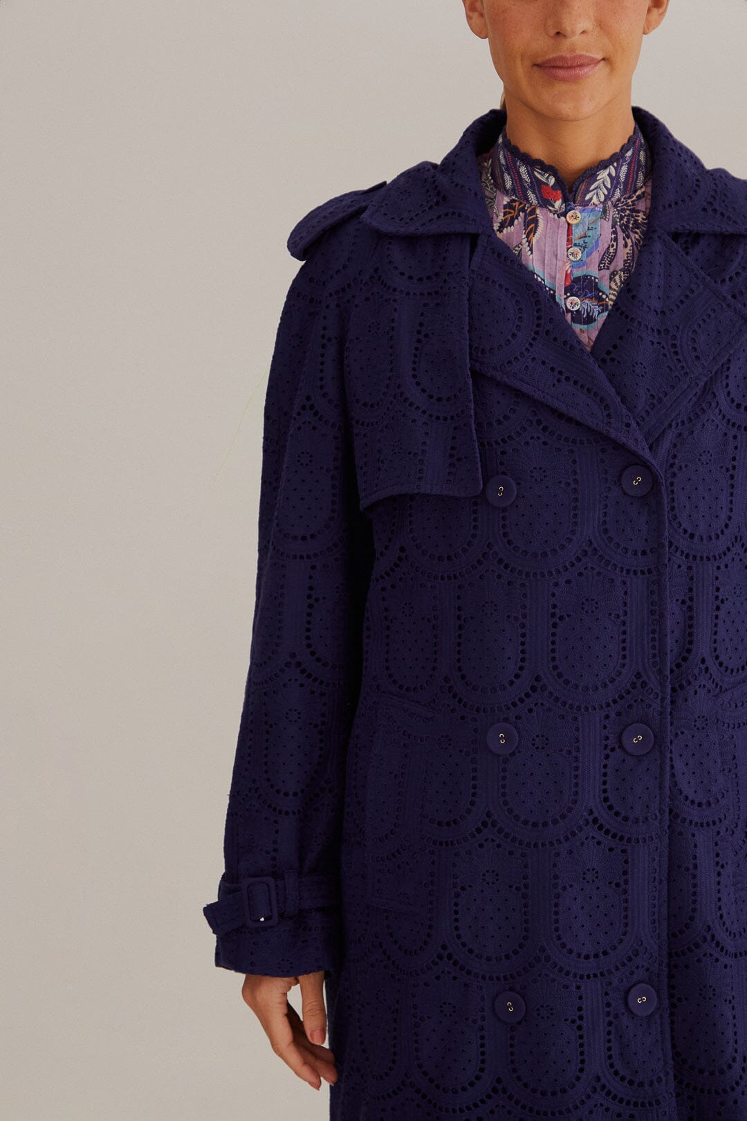 Navy Blue Pineapple Cotton Eyelet Trench Coat